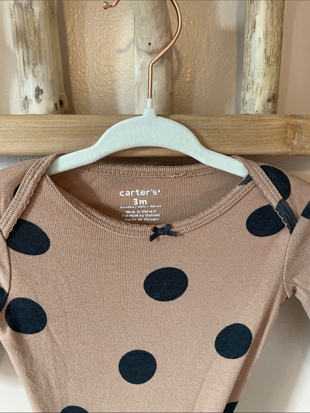 Carter's Tan Long-Sleeve One-Piece with Black Polka Dots